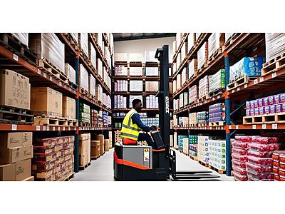 A warehouse packed with goods with an African worker driving a palette lift through high shelves - photographic style.jpg - Building a billion rand business in the heart of Soweto image
