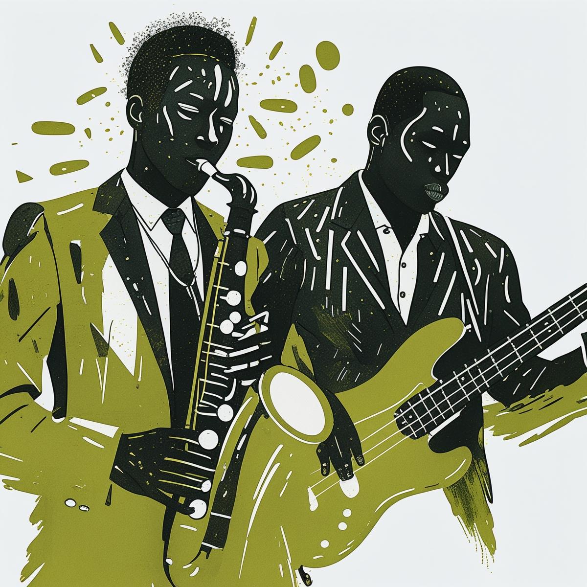 Create an image of an African saxophonist and base player in this style..jpg